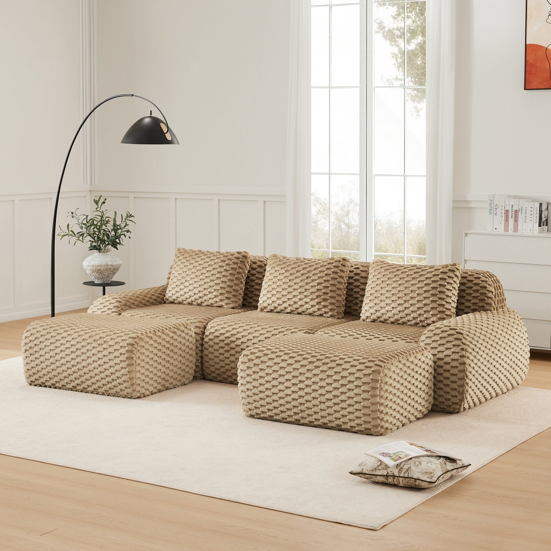 114" Modern U-Shaped Modular Sectional Sofa for Living Room,Flannelette Fabric,Oversized 3-Seater Couch,boneless sofa ,Movable Ottoman,Buckle connection,Anti-slip Design,No Assembly,Light Camel