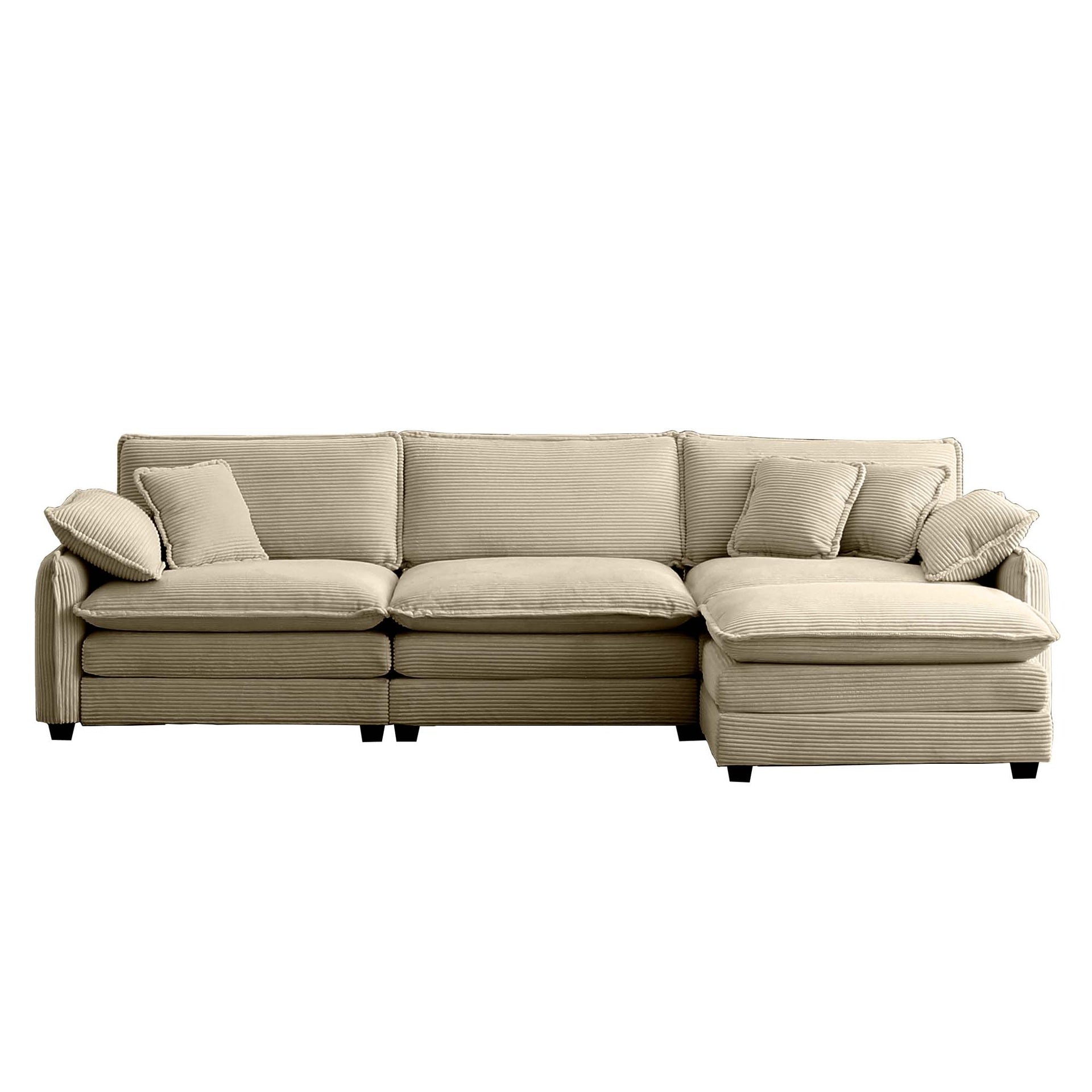 Oversize 3-seater sofa with One footrest, L-shaped Sectional sofa with ottoman for living rooms,Tan corduroy sofa
