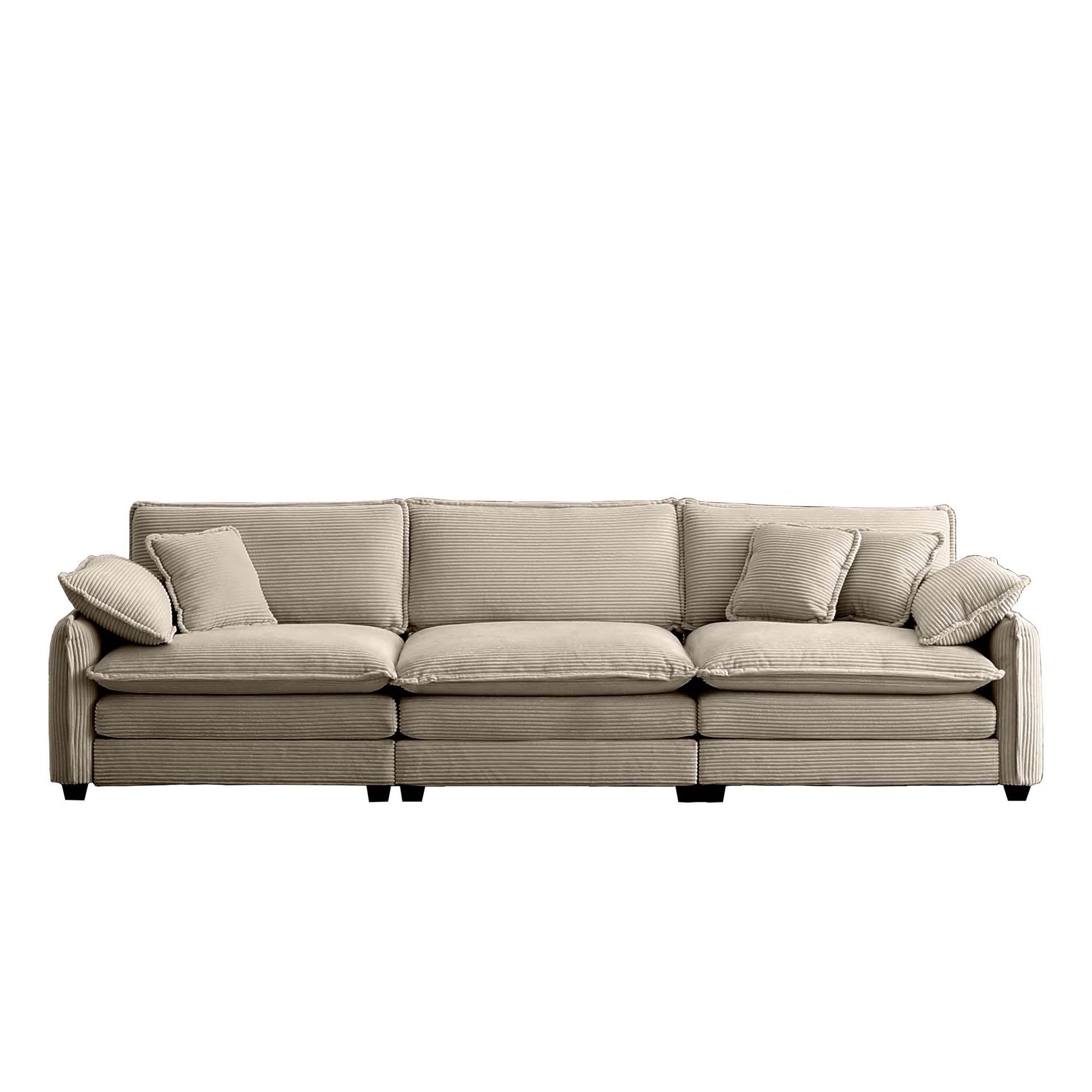 Mid-Century Modern 3-Seater Sectional Sofa with 2 Arm Pillows and 3 Throw Pillows,Tan Corduroy Fabric