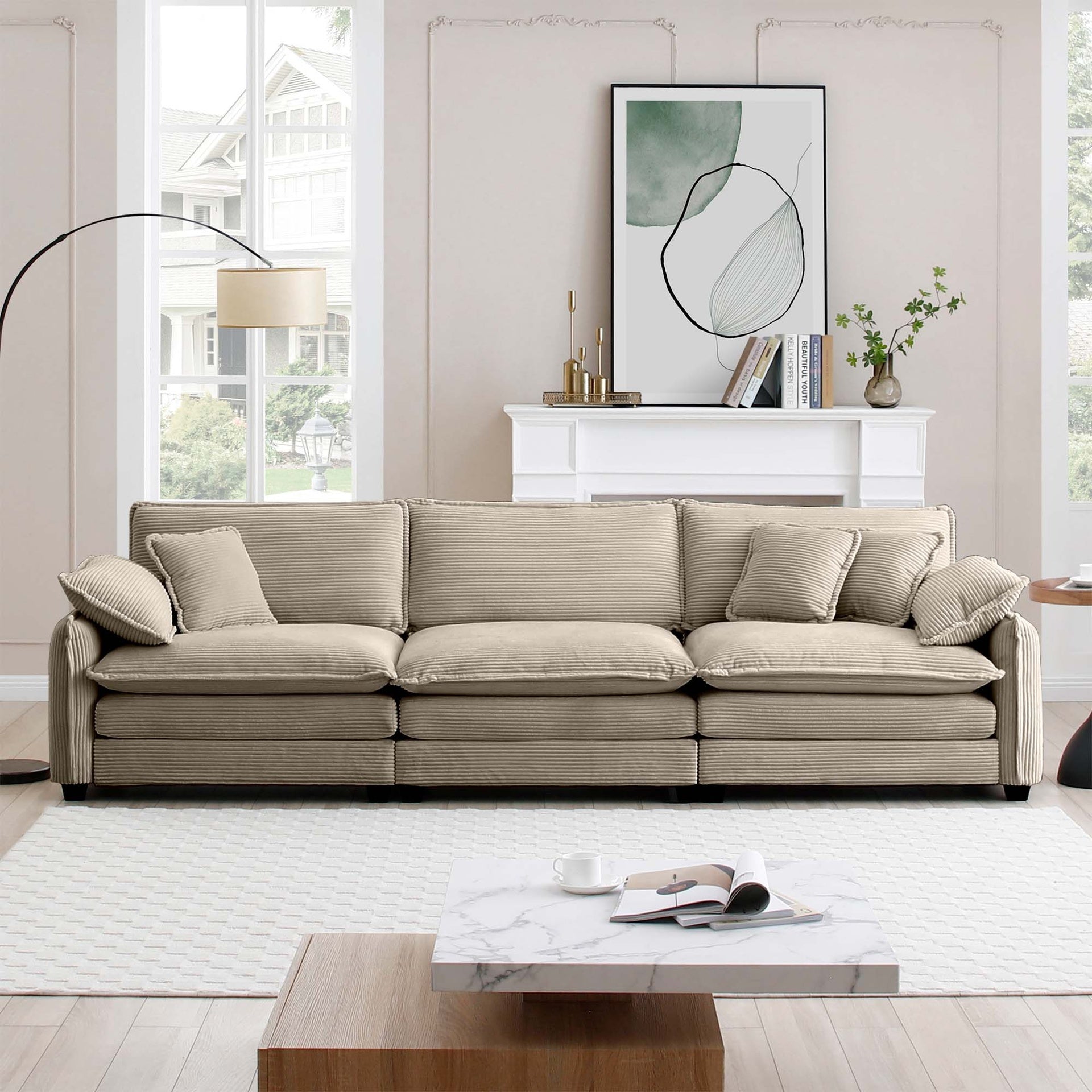 Mid-Century Modern 3-Seater Sectional Sofa with 2 Arm Pillows and 3 Throw Pillows,Tan Corduroy Fabric