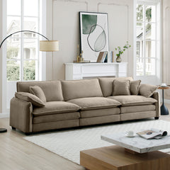 Mid-Century Modern 3-Seater Sectional Sofa with 2 Arm Pillows and 3 Throw Pillows,Tan Corduroy Fabric