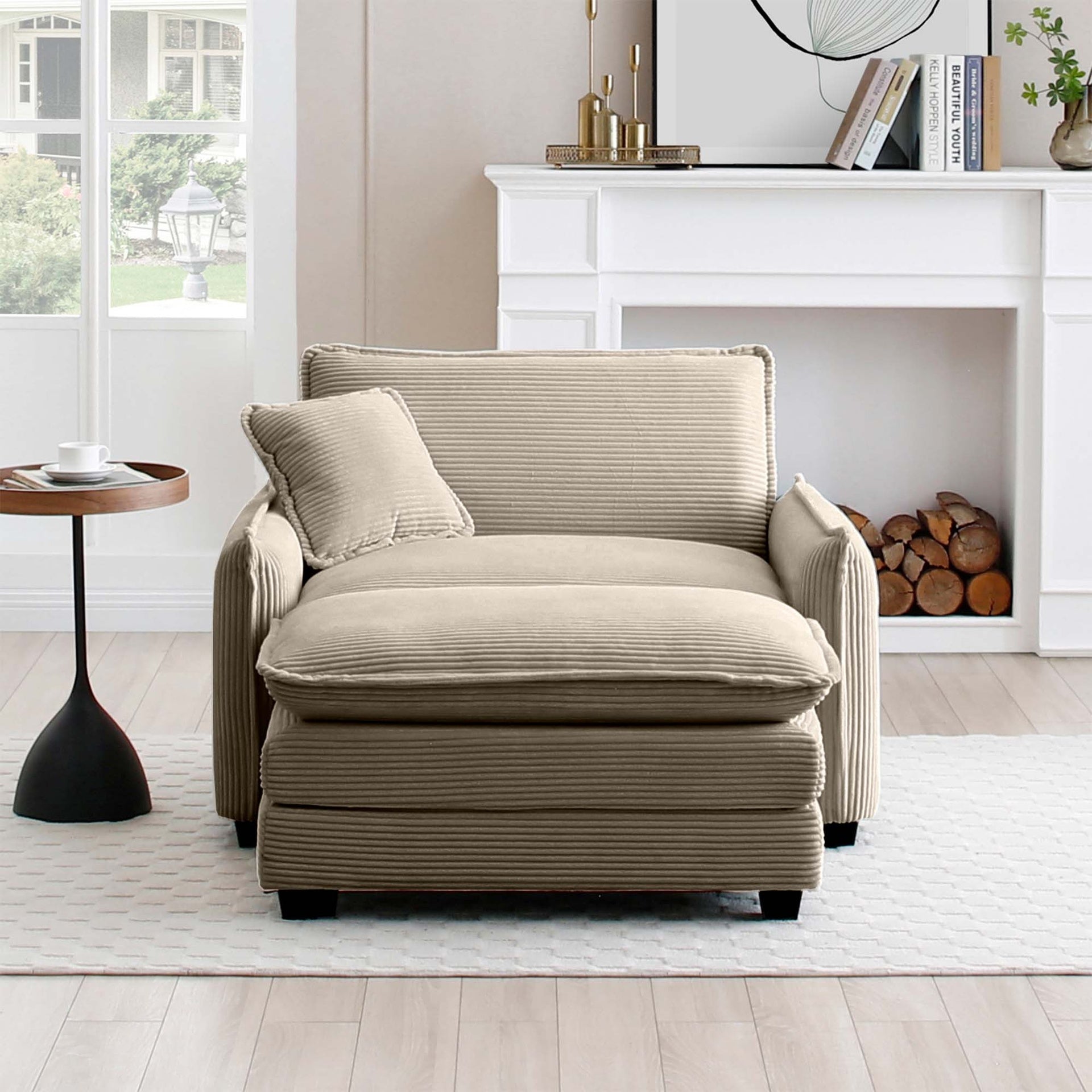 Single Deep Seat Sofa With Footstool With One Pillow, Suitable for Living Room and Bedroom, Club Multiple Occasion,Came Corduroy