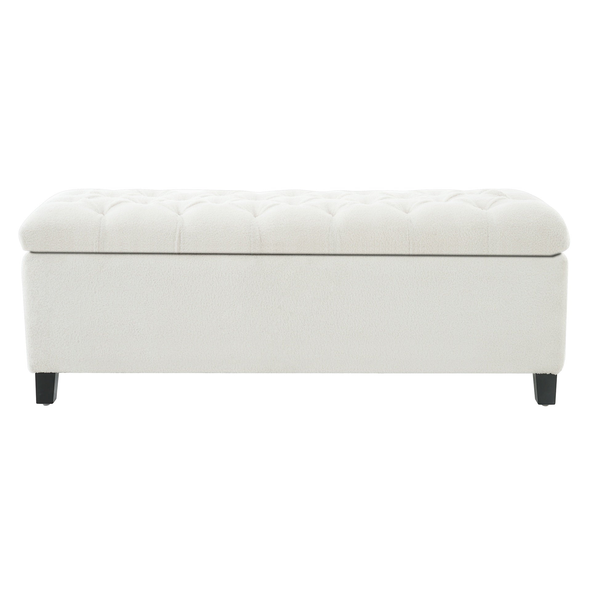 Ottoman Bench with Storage, White Boucle Surface, Rubber Wood Legs, 300 lbs Capacity