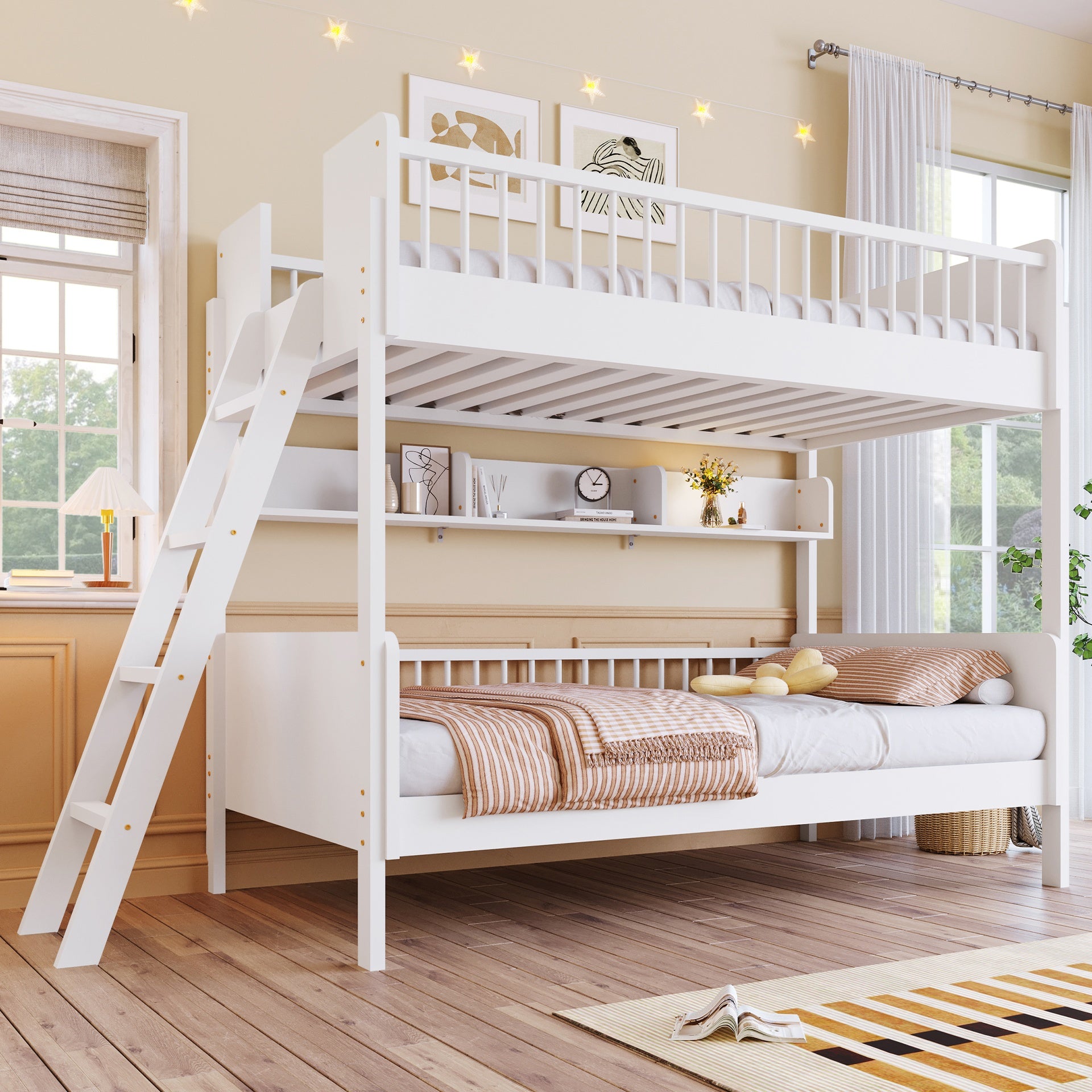 Twin Size Wooden Bunk Bed with 3 Storage Shelves,Ladder can be Changed Left or Right,White