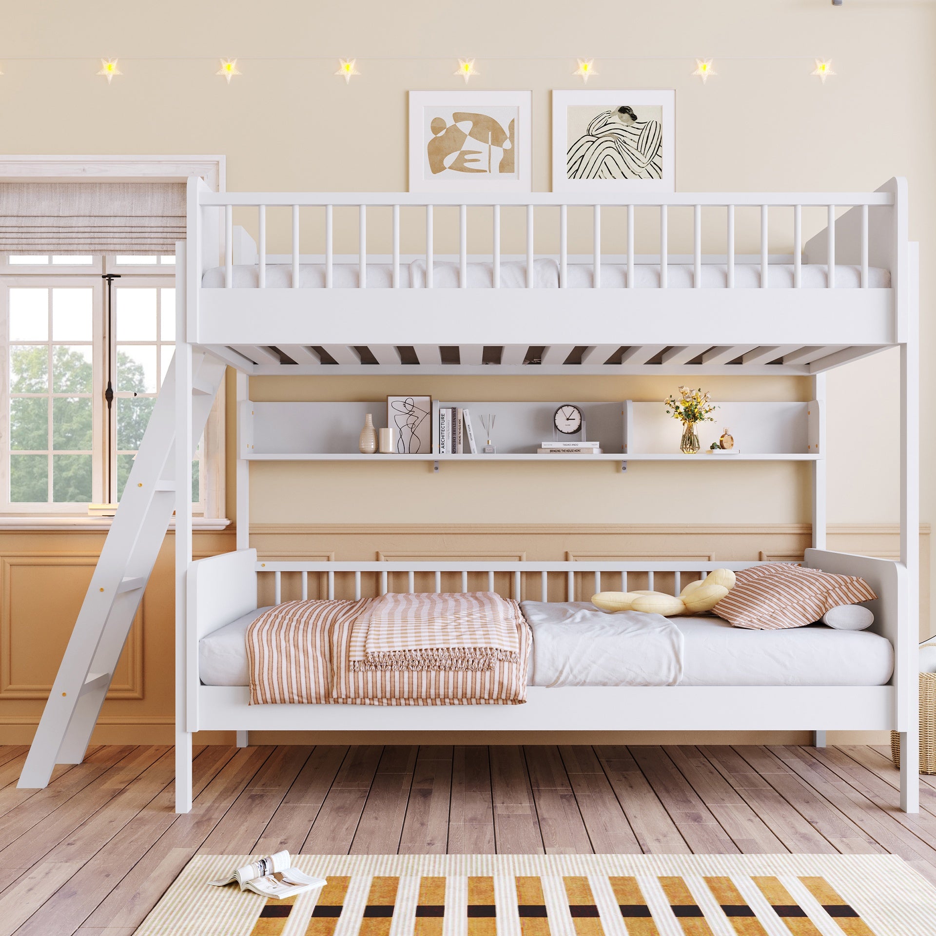 Twin Size Wooden Bunk Bed with 3 Storage Shelves,Ladder can be Changed Left or Right,White