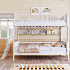 Twin Size Wooden Bunk Bed with 3 Storage Shelves,Ladder can be Changed Left or Right,White