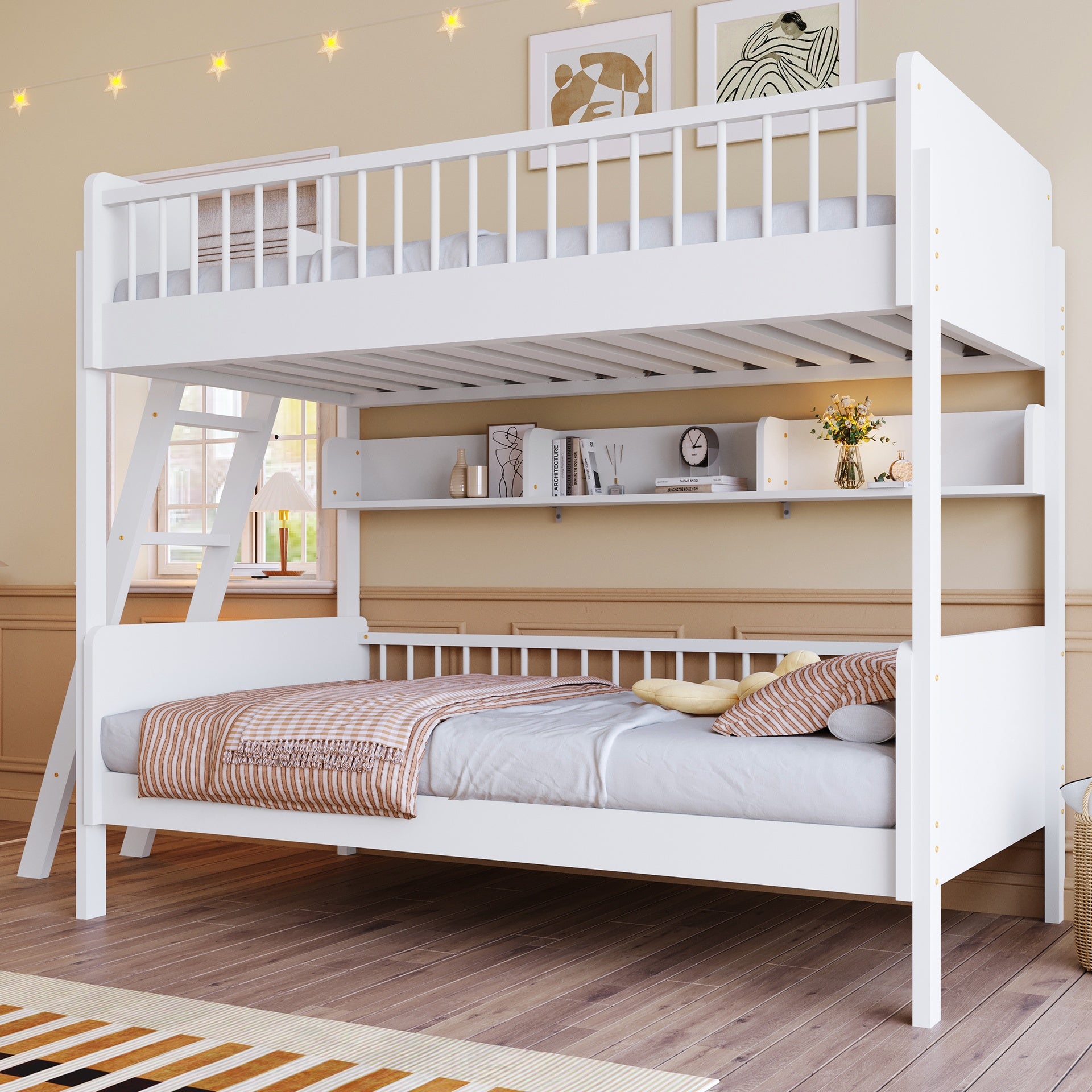 Twin Size Wooden Bunk Bed with 3 Storage Shelves,Ladder can be Changed Left or Right,White
