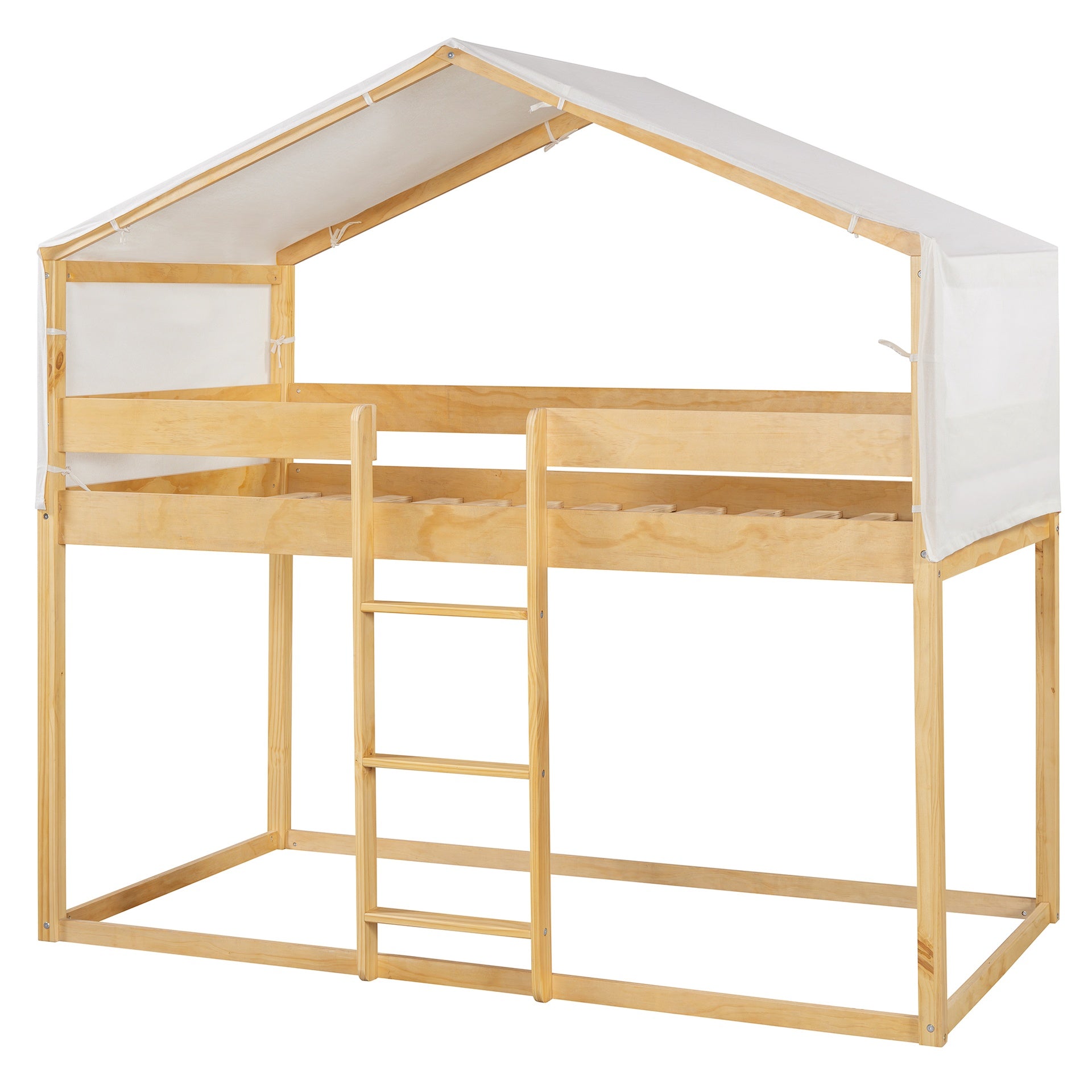 Twin Over Twin Wood Bunk Bed with Tent, Natural
