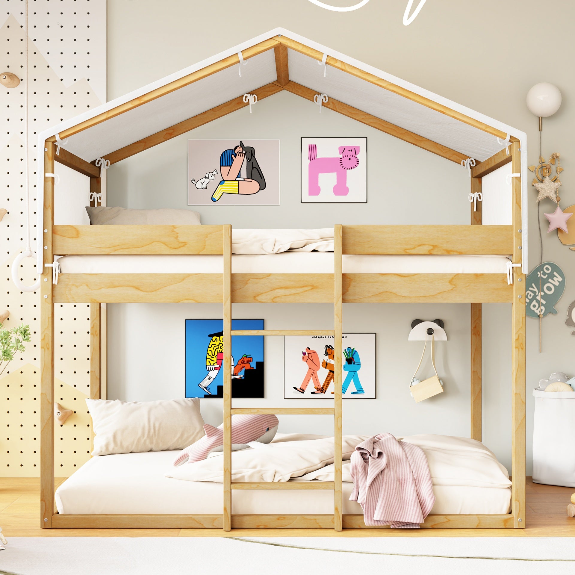 Twin Over Twin Wood Bunk Bed with Tent, Natural
