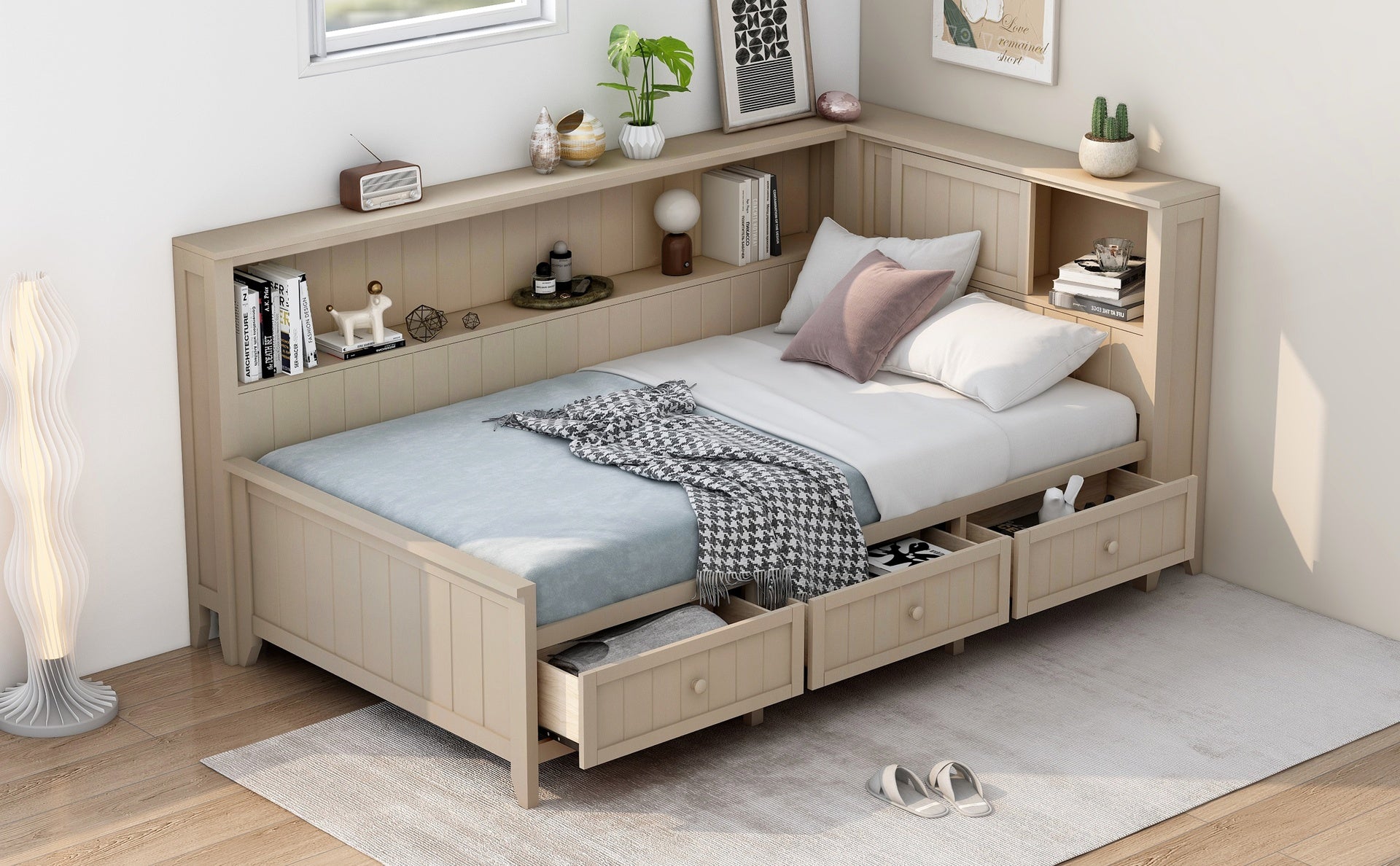 Twin Size Wood Daybed with Storage Shelves and 3 Drawers, Antique White Milk