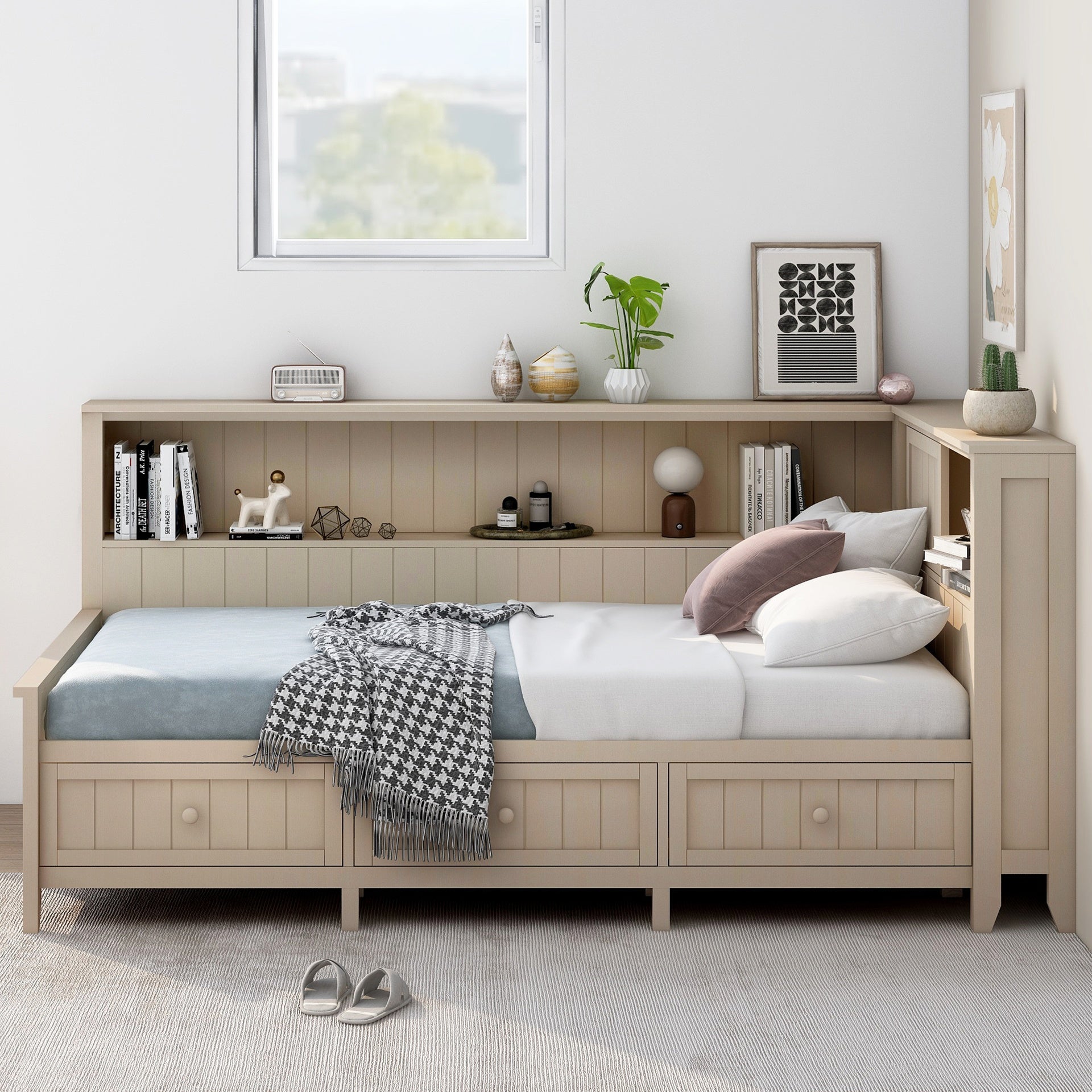 Twin Size Wood Daybed with Storage Shelves and 3 Drawers, Antique White Milk