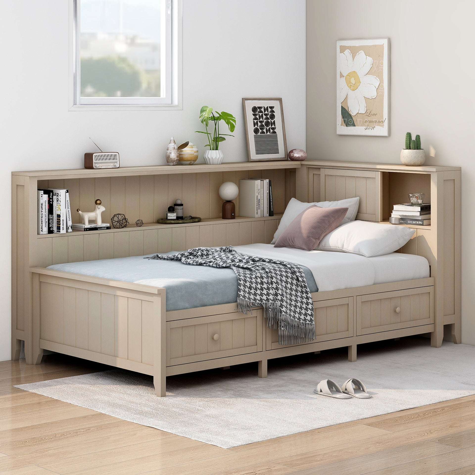 Twin Size Wood Daybed with Storage Shelves and 3 Drawers, Antique White Milk