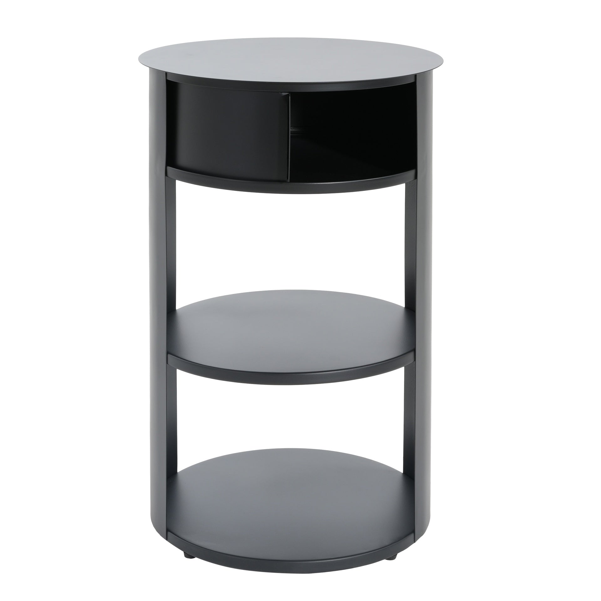Indoor 3-Tier Metal Round Side Table with Sliding Door Cabinet, Matte Black