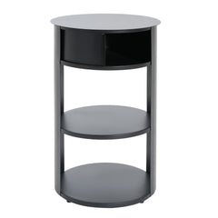 Indoor 3-Tier Metal Round Side Table with Sliding Door Cabinet, Matte Black