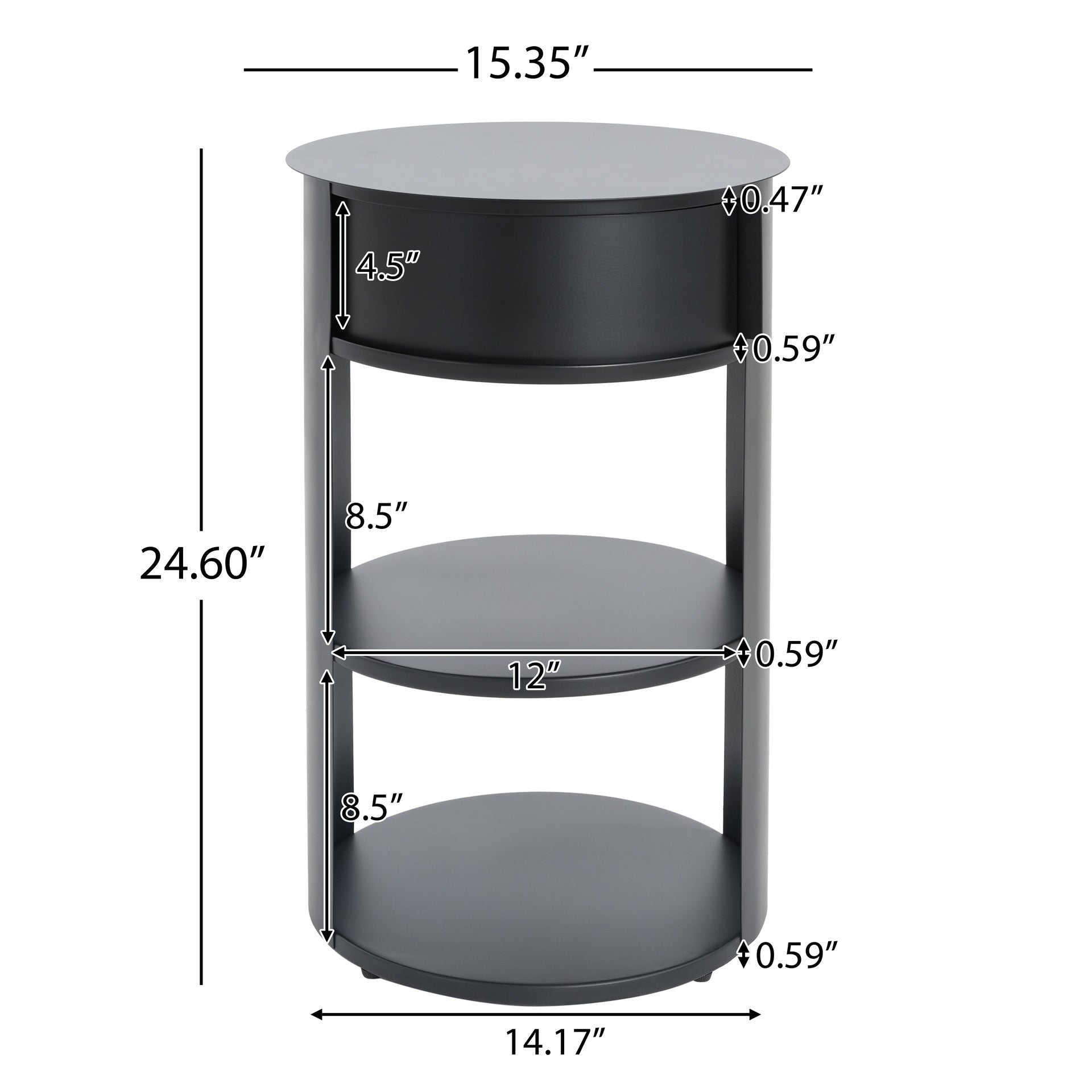 Indoor 3-Tier Metal Round Side Table with Sliding Door Cabinet, Matte Black