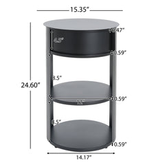 Indoor 3-Tier Metal Round Side Table with Sliding Door Cabinet, Matte Black