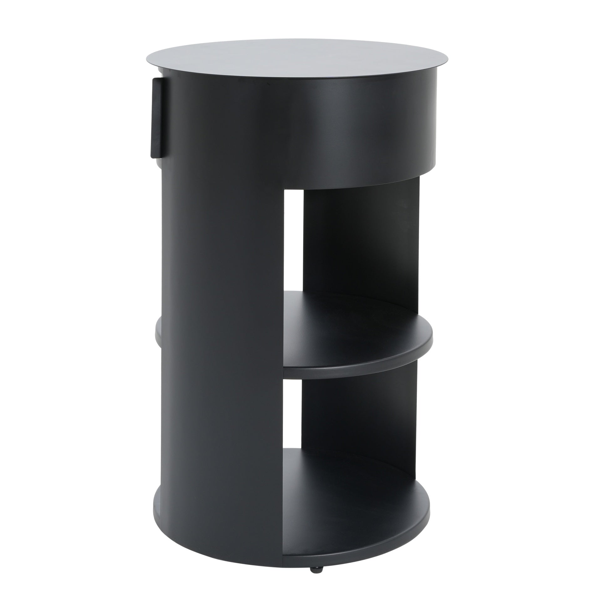Indoor 3-Tier Metal Round Side Table with Sliding Door Cabinet, Matte Black