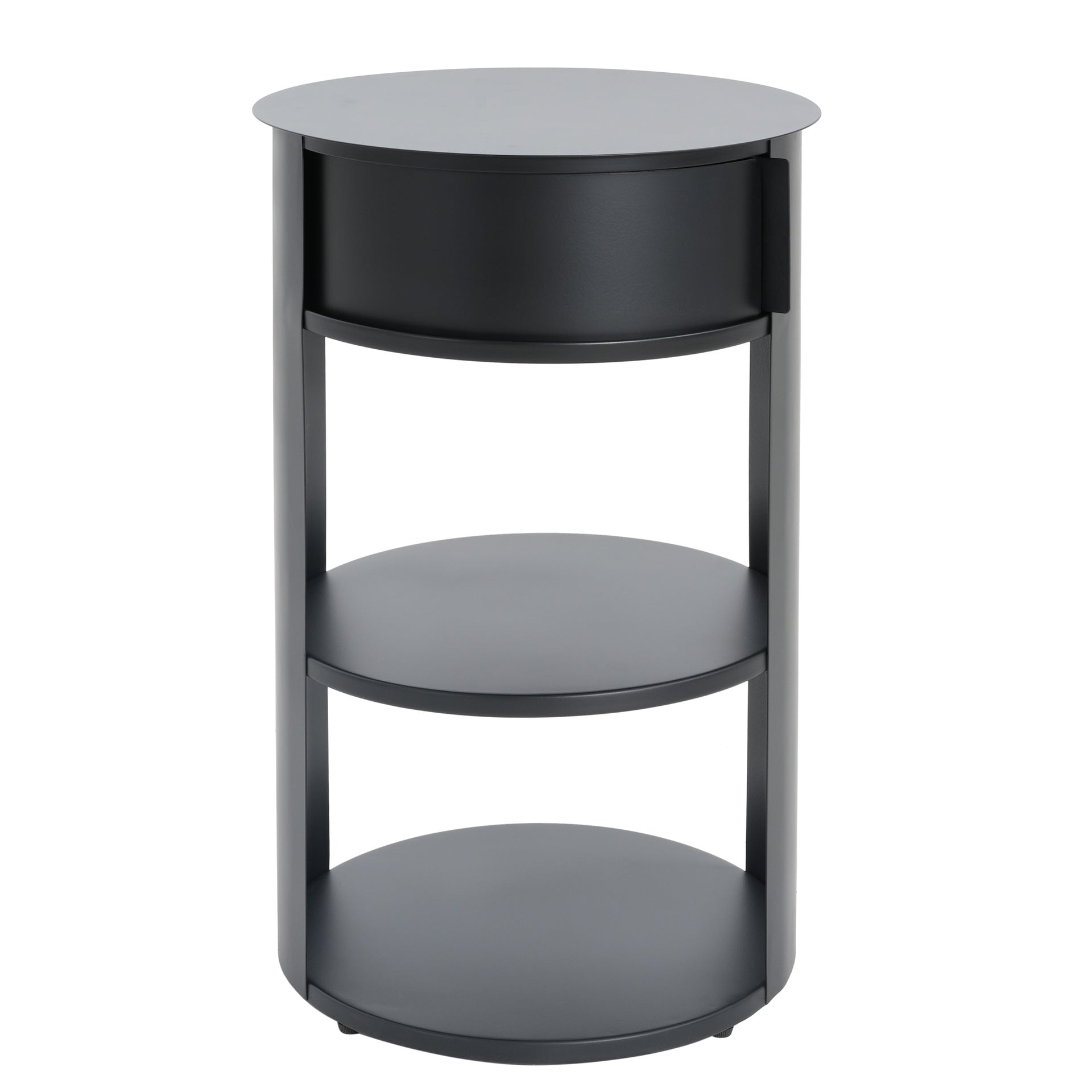 Indoor 3-Tier Metal Round Side Table with Sliding Door Cabinet, Matte Black