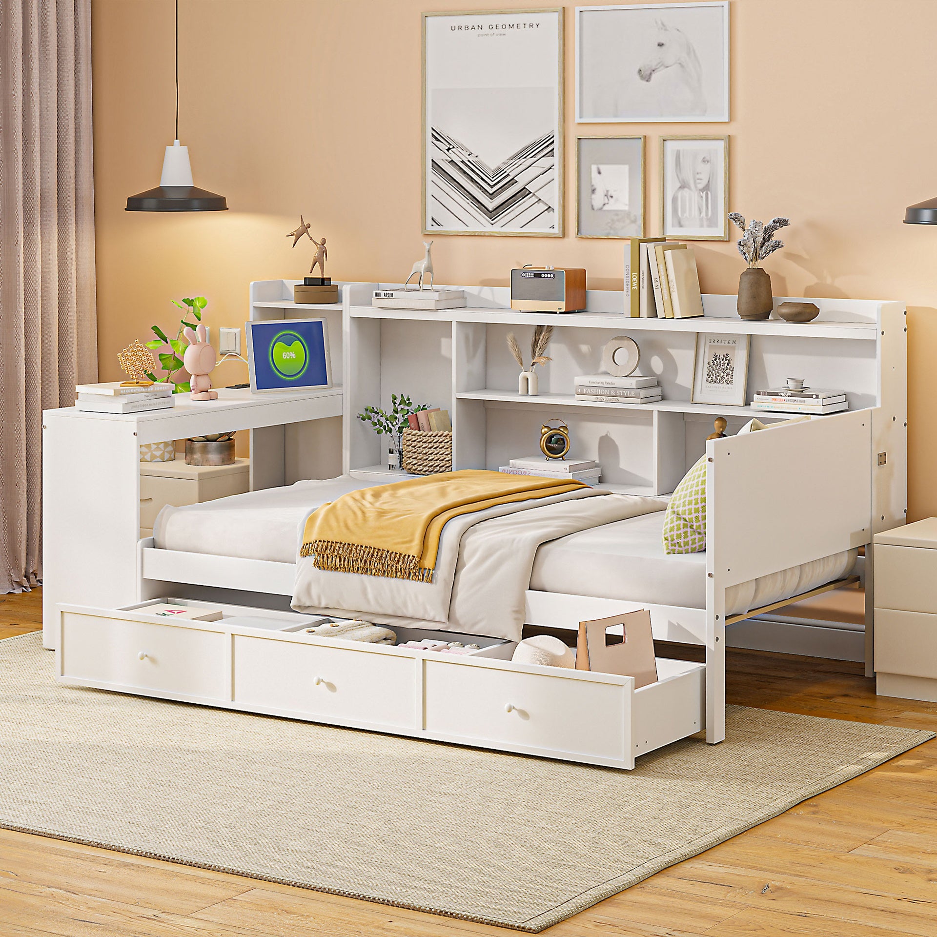 Twin Size Wooden Daybed With 3 Drawers, USB Ports and desk , White