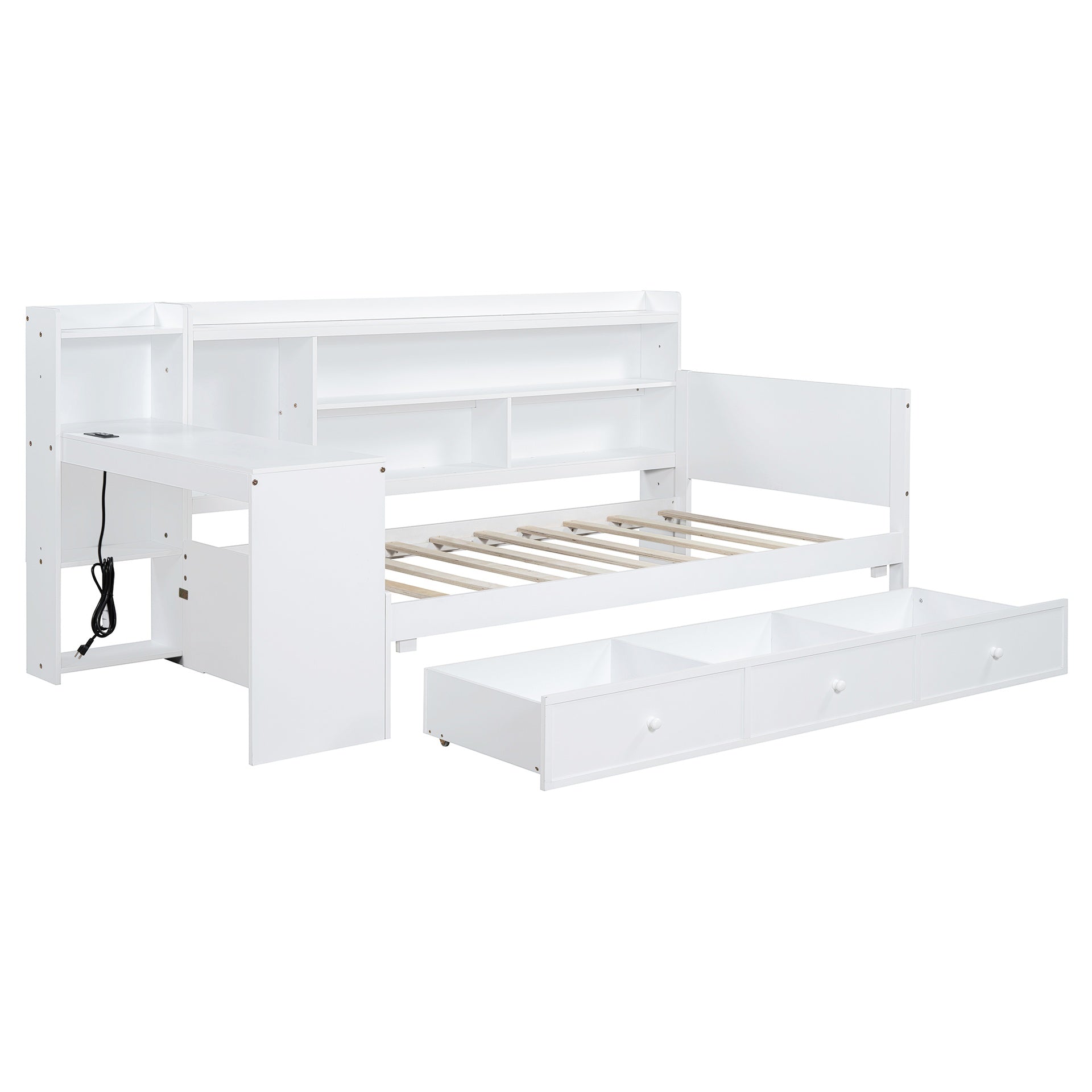 Twin Size Wooden Daybed With 3 Drawers, USB Ports and desk , White
