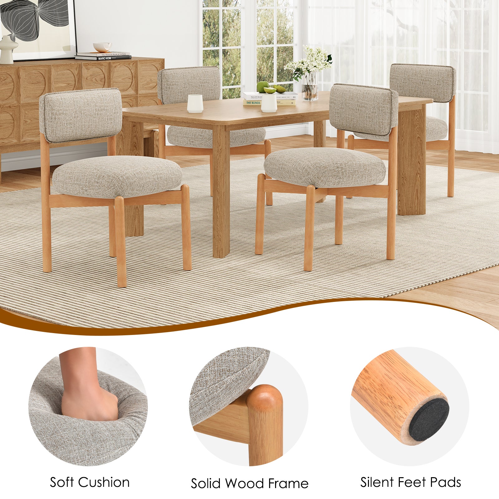 Modern Wooden Blended Linen Kaki Dining Chair (Set of 2)
