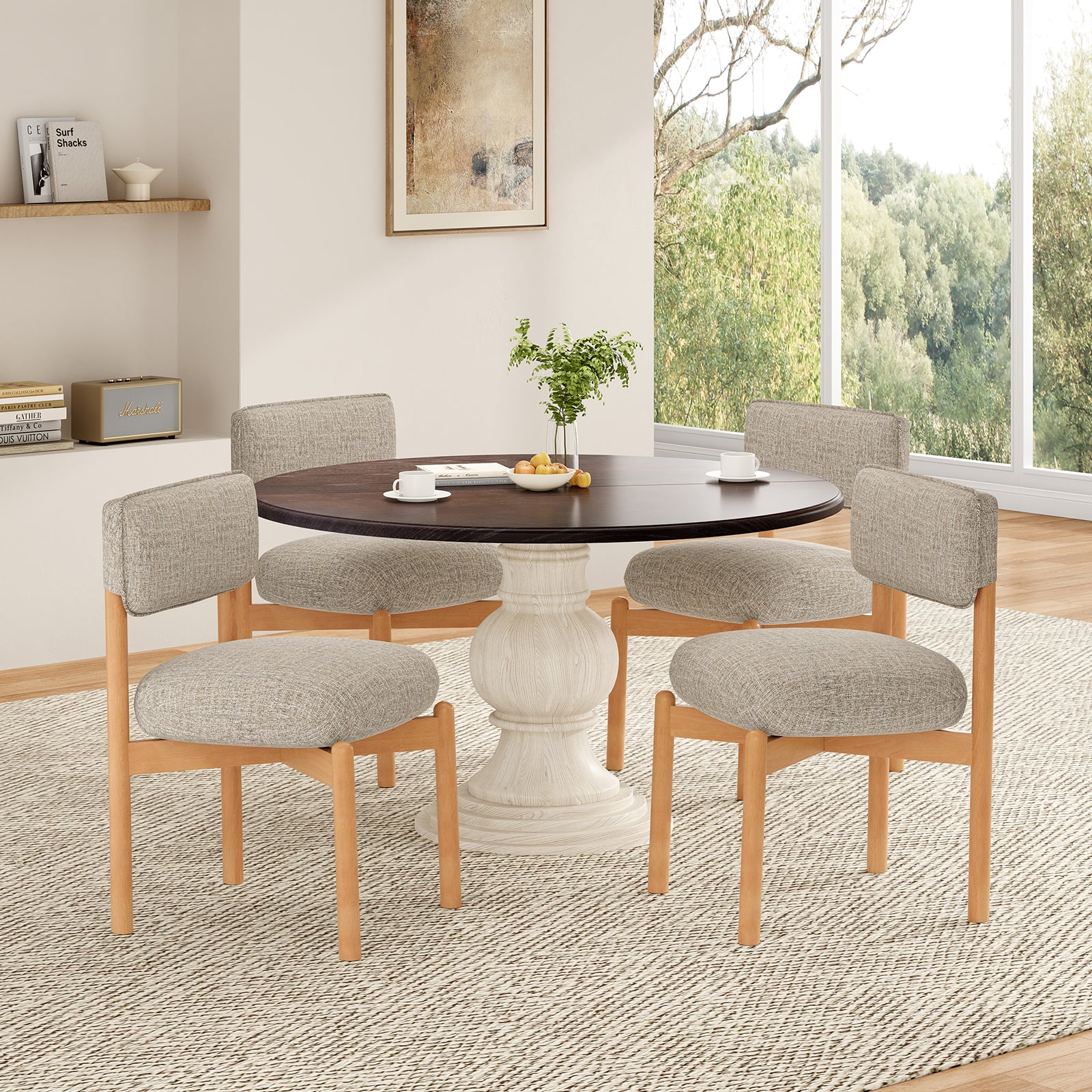 Modern Wooden Blended Linen Kaki Dining Chair (Set of 2)