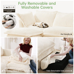 Slipcovered Sofa Couch, Modern 3 Seater Sofa with Suppleness Armrests,Deep Seat Sofa with Soft Multiple Big Pillows, Comfy Couch for Living Room, Apartment,Cream Corduroy Fabric