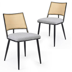 Dining Chairs Set of 2, Mid-Century Modern Kitchen Chairs with Rattan Backrest & Metal Frame, Boucle Upholstered Accent Chairs for Dining Room, Kitchen, Living Room,Light Grey