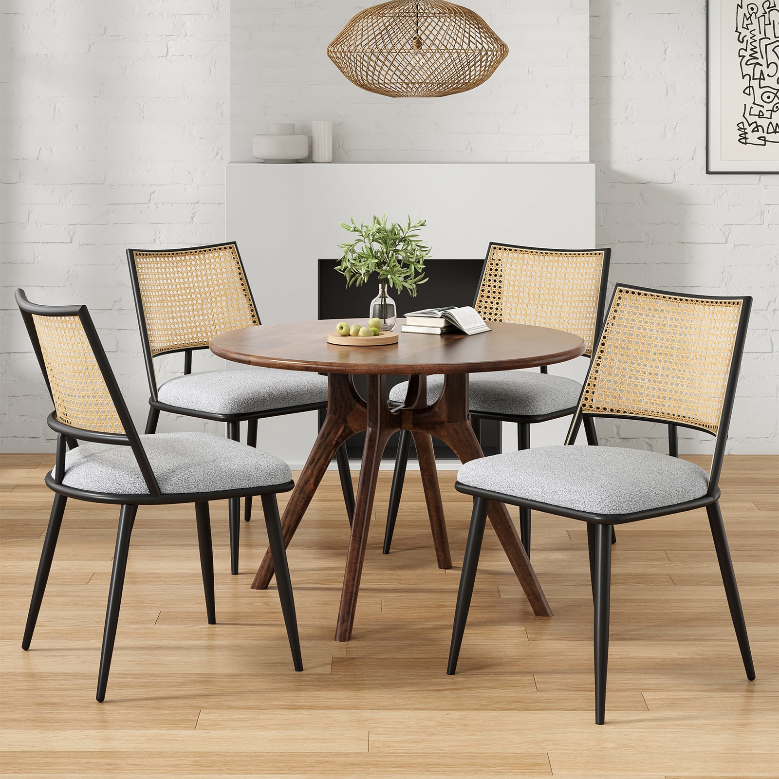 Dining Chairs Set of 2, Mid-Century Modern Kitchen Chairs with Rattan Backrest & Metal Frame, Boucle Upholstered Accent Chairs for Dining Room, Kitchen, Living Room,Light Grey