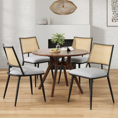 Dining Chairs Set of 2, Mid-Century Modern Kitchen Chairs with Rattan Backrest & Metal Frame, Boucle Upholstered Accent Chairs for Dining Room, Kitchen, Living Room,Light Grey