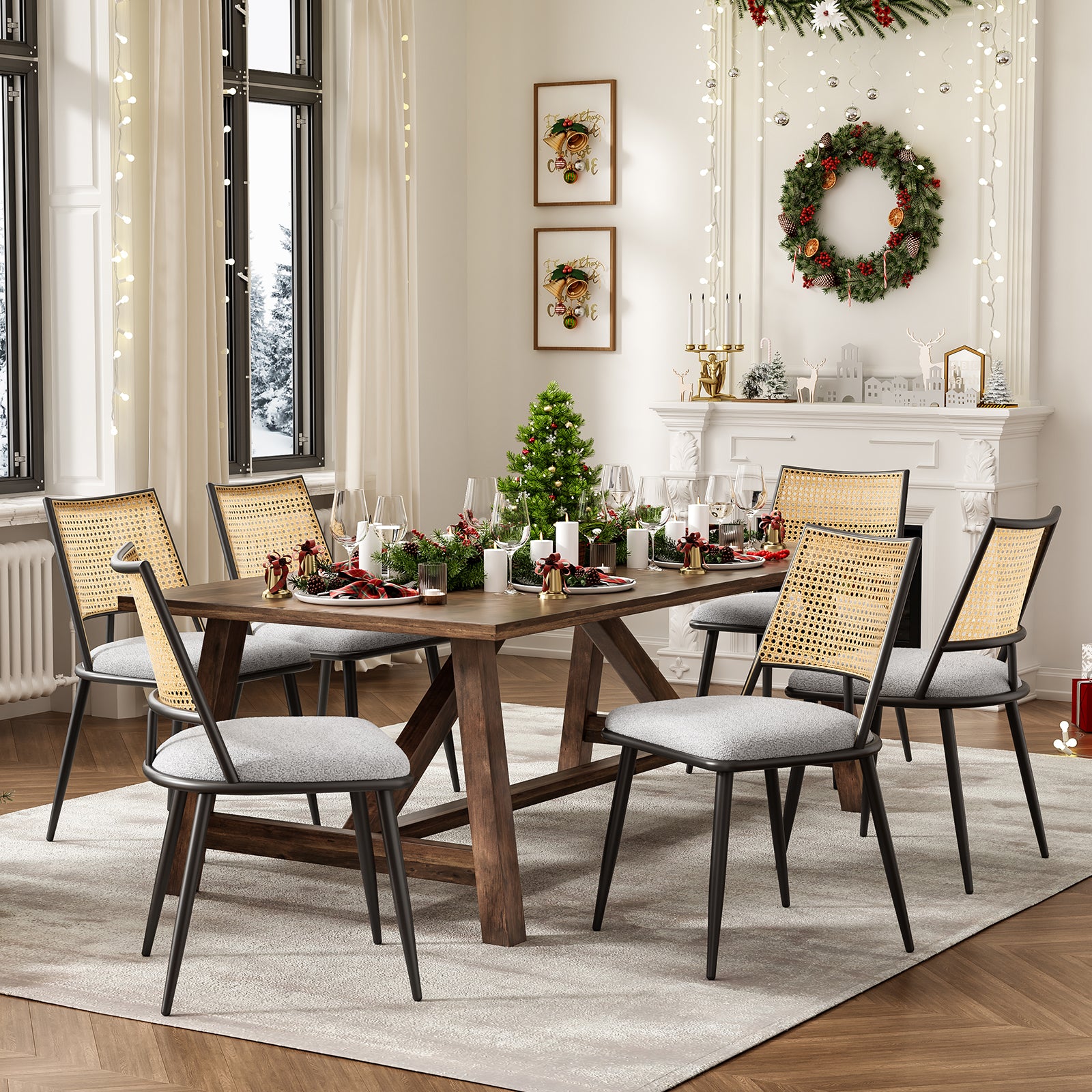 Dining Chairs Set of 2, Mid-Century Modern Kitchen Chairs with Rattan Backrest & Metal Frame, Boucle Upholstered Accent Chairs for Dining Room, Kitchen, Living Room,Light Grey