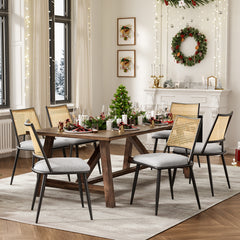 Dining Chairs Set of 2, Mid-Century Modern Kitchen Chairs with Rattan Backrest & Metal Frame, Boucle Upholstered Accent Chairs for Dining Room, Kitchen, Living Room,Light Grey