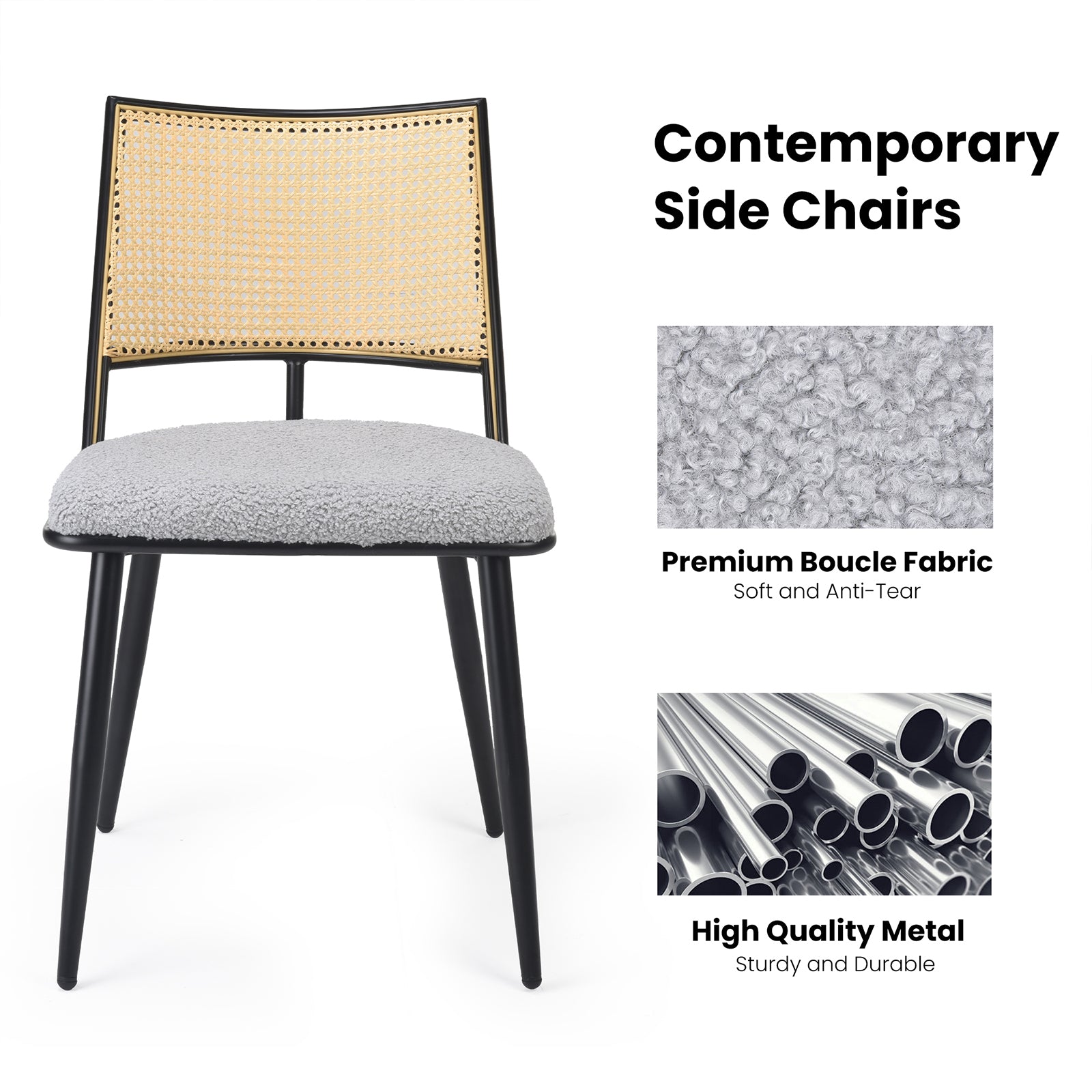 Dining Chairs Set of 2, Mid-Century Modern Kitchen Chairs with Rattan Backrest & Metal Frame, Boucle Upholstered Accent Chairs for Dining Room, Kitchen, Living Room,Light Grey