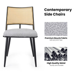 Dining Chairs Set of 2, Mid-Century Modern Kitchen Chairs with Rattan Backrest & Metal Frame, Boucle Upholstered Accent Chairs for Dining Room, Kitchen, Living Room,Light Grey