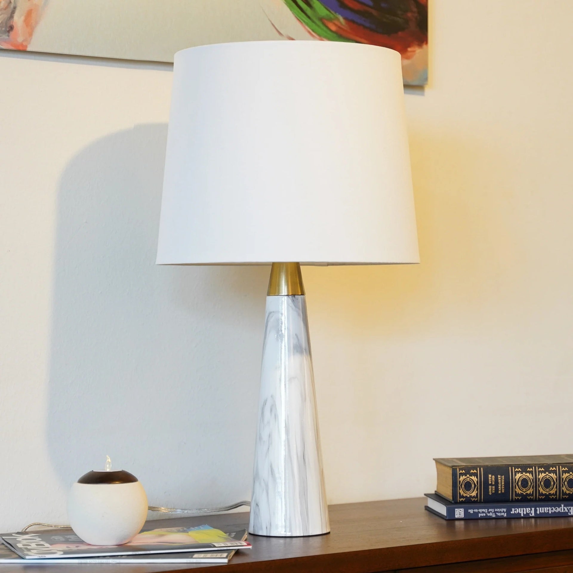 Enclave Hydro White Table Lamp with On/Off Switch Faux Marble Base Fabric Shade