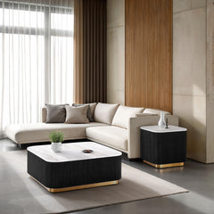 3pc Table Set 1x Square Cocktail Table 2x Square End Table Marble Top Gold Accent Stainless Steel Plinth Base White Gold And Black Finish  Primary Living Room