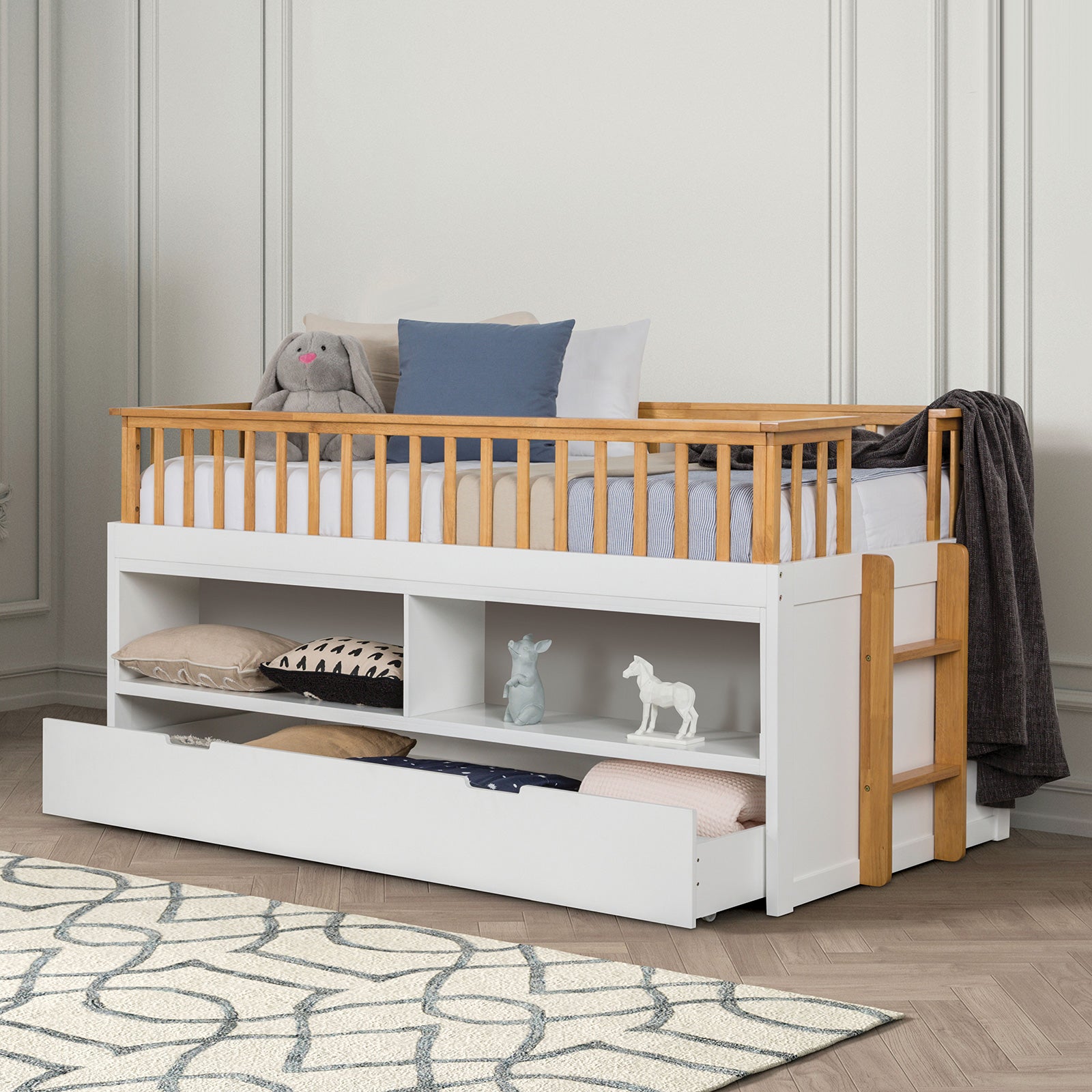 Twin Captain Bed With Trundle Transitional Style Open Shelves Attached Side Ladder White And Light Oak Finish