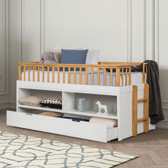 Twin Captain Bed With Trundle Transitional Style Open Shelves Attached Side Ladder White And Light Oak Finish