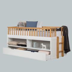 Twin Captain Bed With Trundle Transitional Style Open Shelves Attached Side Ladder White And Light Oak Finish