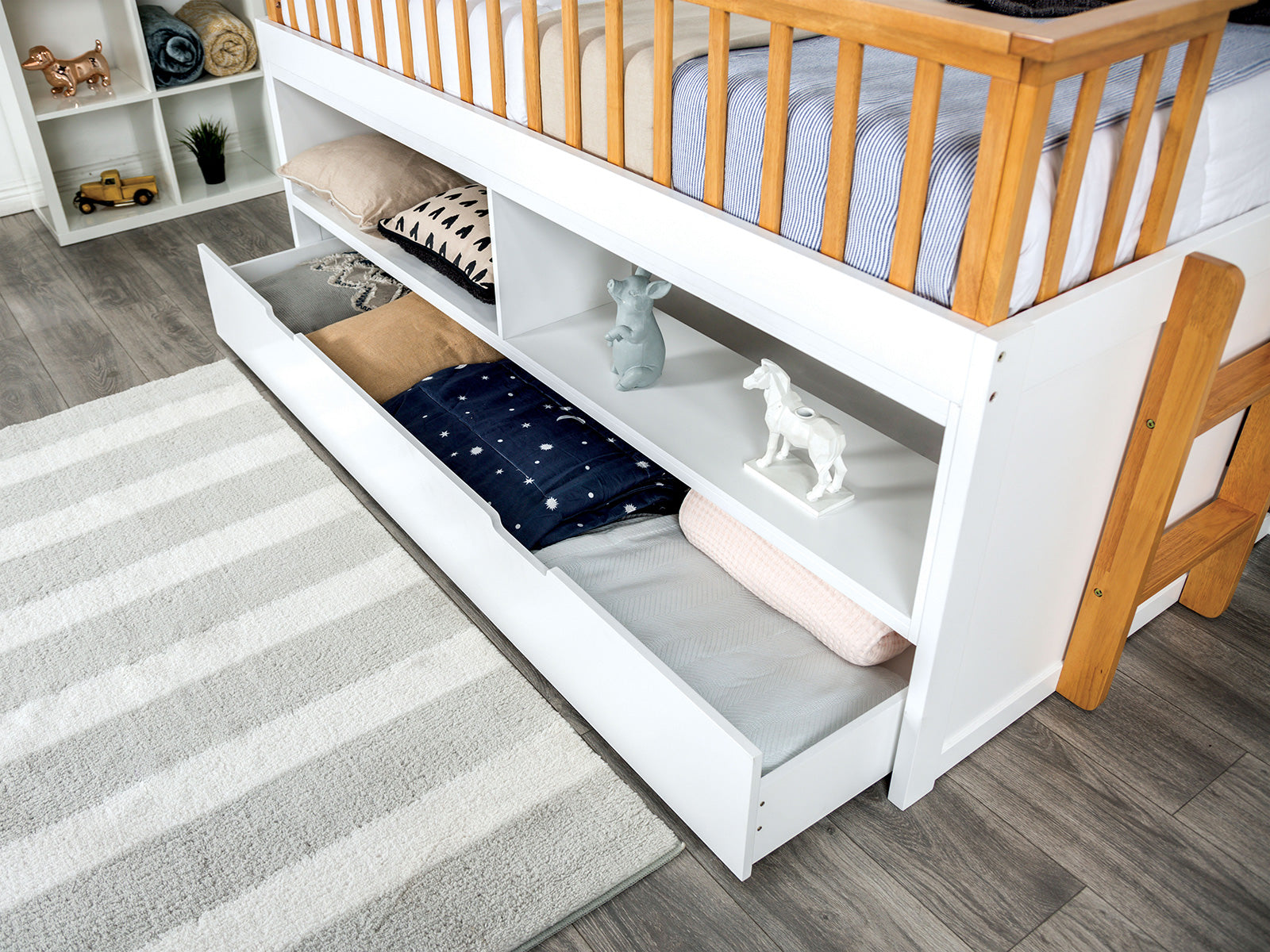 Twin Captain Bed With Trundle Transitional Style Open Shelves Attached Side Ladder White And Light Oak Finish