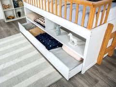 Twin Captain Bed With Trundle Transitional Style Open Shelves Attached Side Ladder White And Light Oak Finish