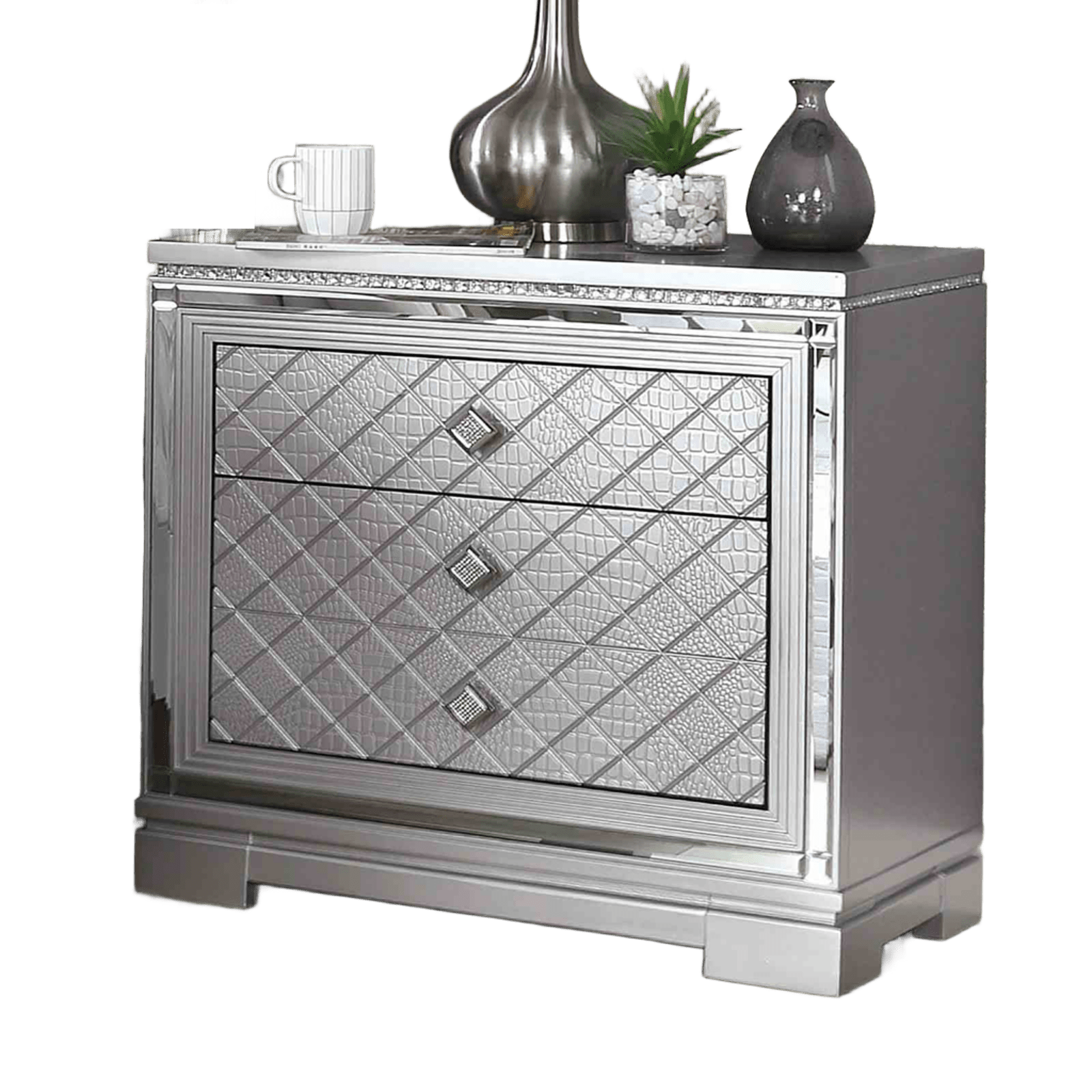 Glam Style Silver Finish 1pc Nightstand Hidden Jewelry Drawer USB Port Ball Bearing Glides Silver Finish Bedroom Furniture