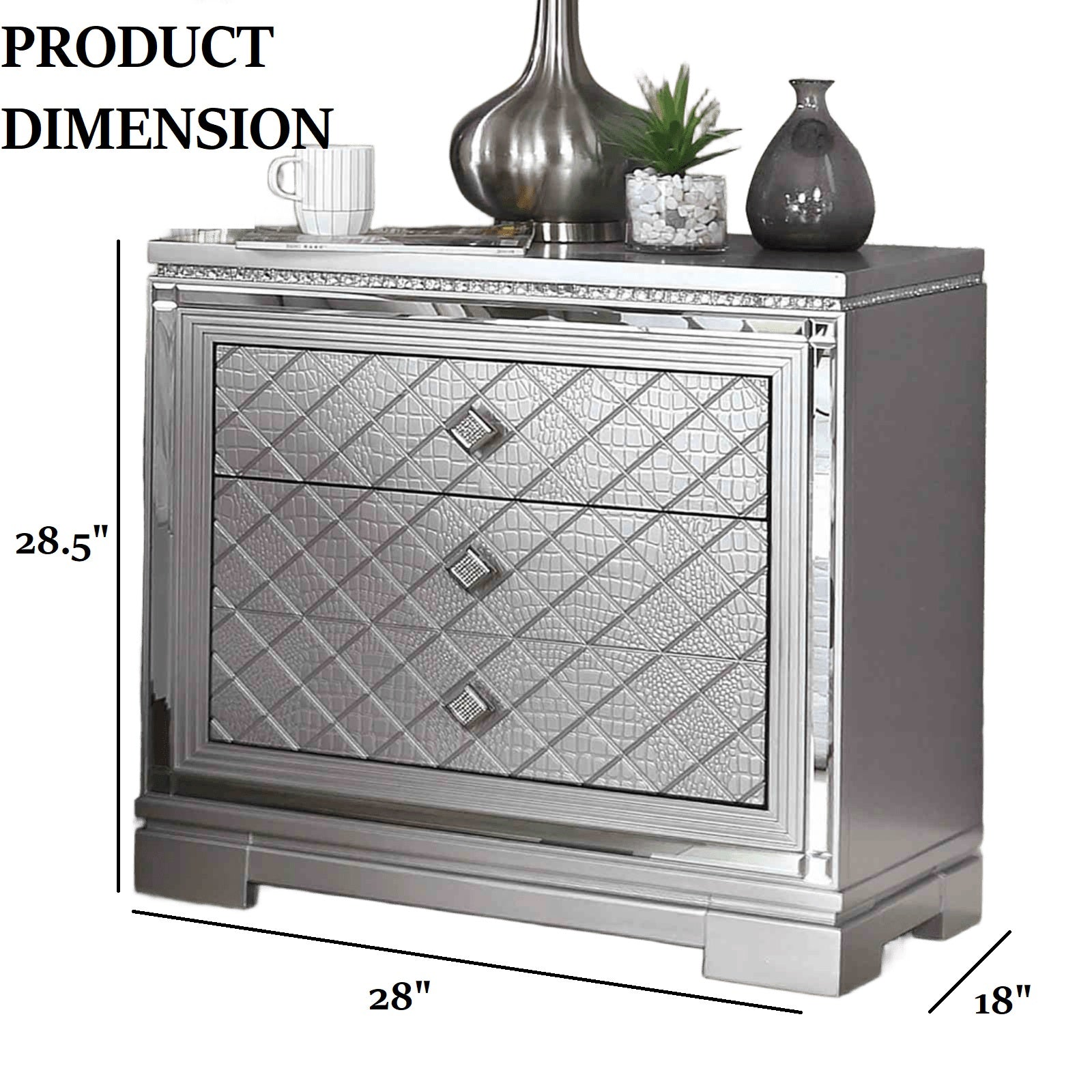 Glam Style Silver Finish 1pc Nightstand Hidden Jewelry Drawer USB Port Ball Bearing Glides Silver Finish Bedroom Furniture