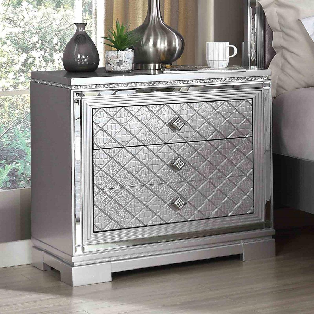 Glam Style Silver Finish 1pc Nightstand Hidden Jewelry Drawer USB Port Ball Bearing Glides Silver Finish Bedroom Furniture