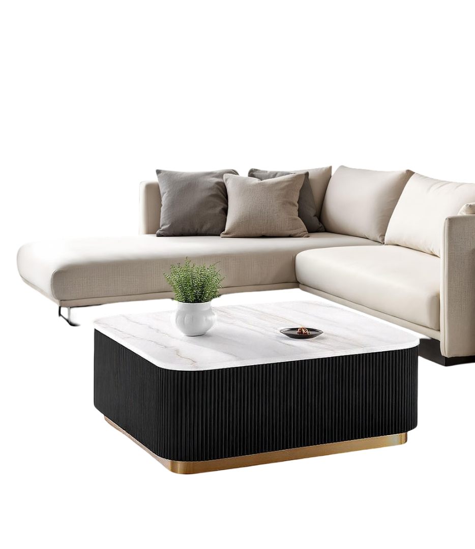 1pc Square Cocktail Table Marble Top Gold Accent Plinth Base Black White And Gold Finish Primary Living Room