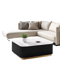 1pc Square Cocktail Table Marble Top Gold Accent Plinth Base Black White And Gold Finish Primary Living Room