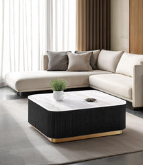 1pc Square Cocktail Table Marble Top Gold Accent Plinth Base Black White And Gold Finish Primary Living Room