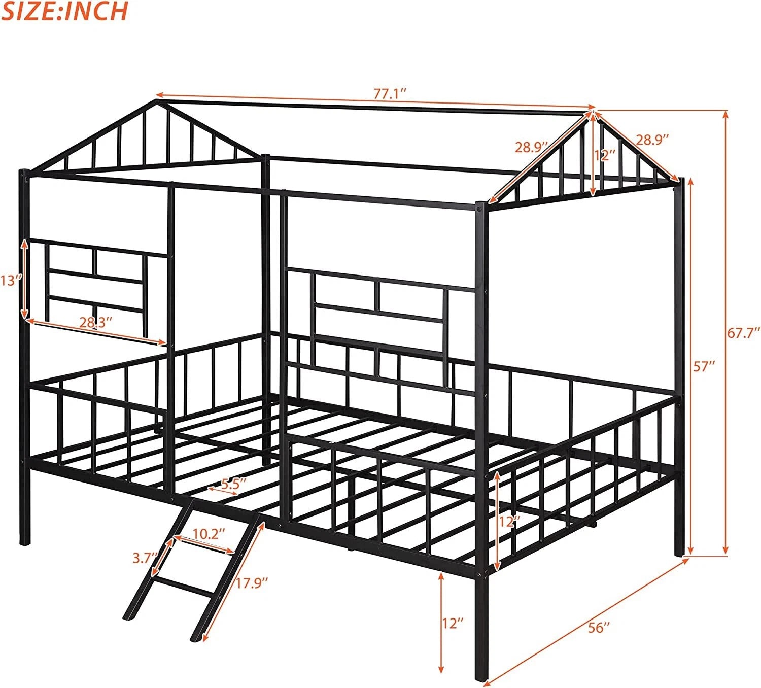 Black Finish Twin Bunk Bed Contemporary Style House Design With Full Metal Construction And Angled Ladder