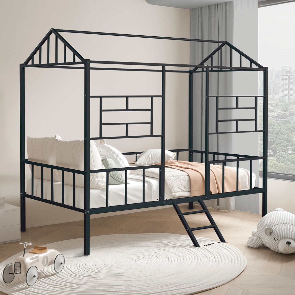 Black Finish Twin Bunk Bed Contemporary Style House Design With Full Metal Construction And Angled Ladder
