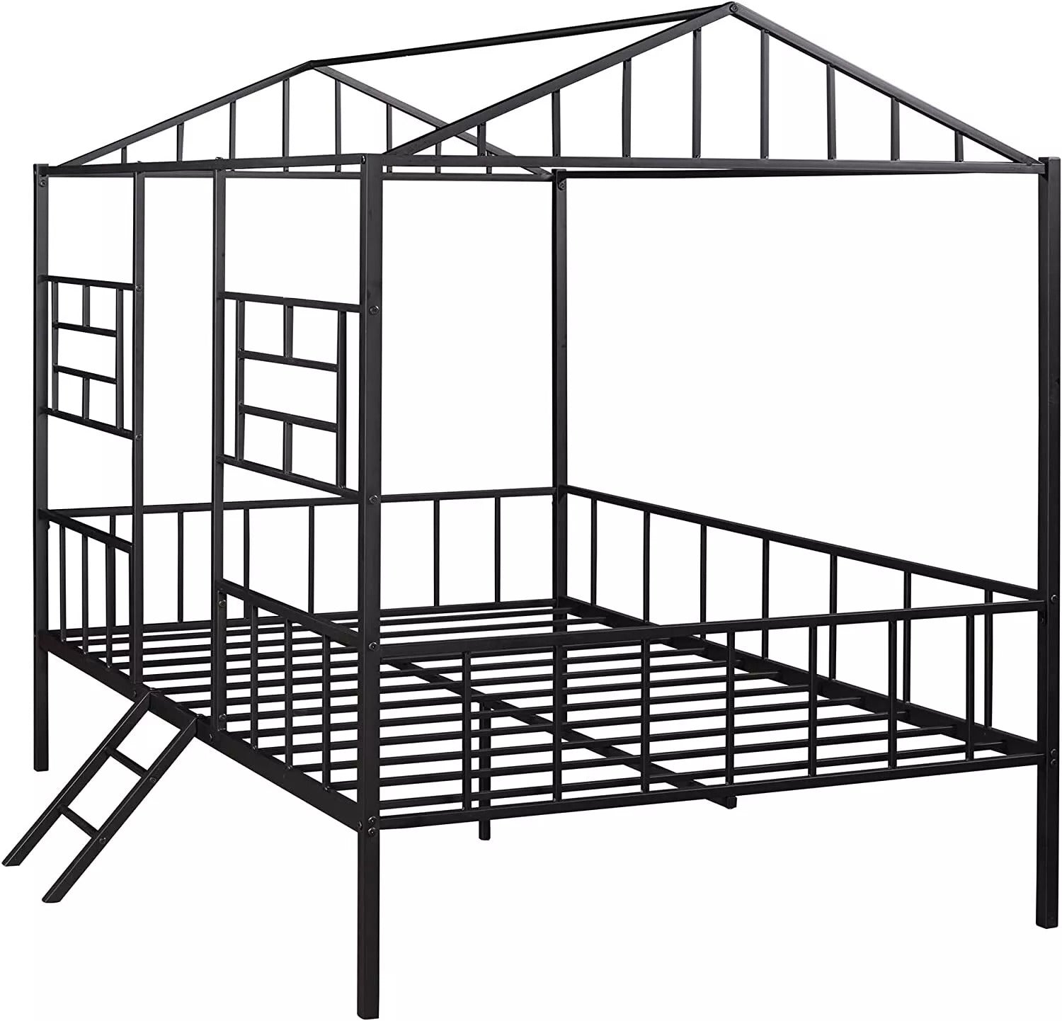 Black Finish Twin Bunk Bed Contemporary Style House Design With Full Metal Construction And Angled Ladder